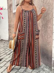 Breezaya Elastic Knit Jumpsuit With Print Pockets And Loose Fit, Plus Size - Multicolor - View 1
