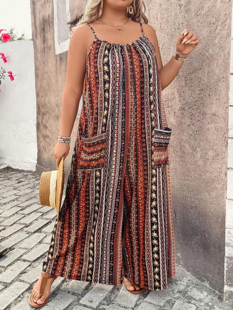 Breezaya Elastic Knit Jumpsuit With Print Pockets And Loose Fit, Plus Size - Multicolor - View 1