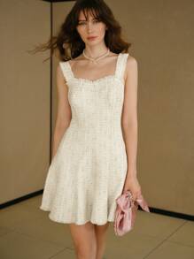 MOTF STUDIO Vestido corto de falda acampanada con borde deshilachado estilo tweed, atuendo para Año Nuevo - Albaricoque - Ver 6
