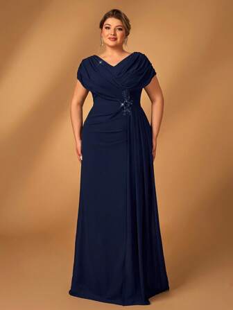 Serin Plus Size Elegant Luxury Heavy Embroidered Navy Ruched A-Line Long Mother Of The Bride Dress