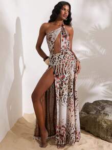 Opulessa Knitted Mesh Printed Ruffles Cutout Asymmetric Slim Fit Dress For Women - Brown - View 2