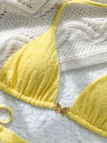 SHEIN Swim 2pcs Structured Sunflower Metallic Butterfly Decor Halter Tie-Side Bikini Swimwear Set For Women, Standard Size For Summer Beach Vacation - Yellow - View 6