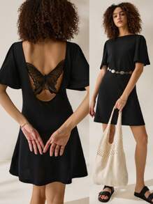 Easelle Spring/Summer Bohemian Style Outfit, Cowgirl Vintage Women's Boat Neck Backless Butterfly Design Black Knit Loose Dress, Suitable For Vacation