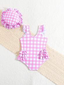SHEIN Baby Girl One-Piece Swimsuit, Random Print With Ruffles, No Lock Edges, Free Swim Cap - Multicolor - View 2