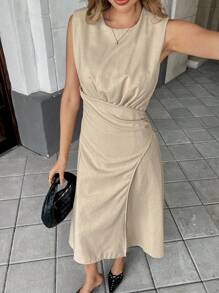 Chiquease Elegant Pleated Round Neck Cinched Waist Sleeveless Linen Dress - Apricot - View 4