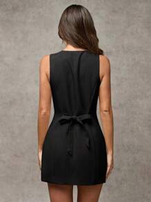 SHEIN BAE Vestido mini de mujer de un solo pecho de unicolor con cuello redondo y sin mangas - Negro - Ver 2
