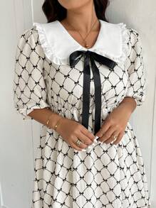 SHEIN Frenchy Plus Size Casual Elegant Bow & Doll Print Bubble Dress - Black and White - View 6