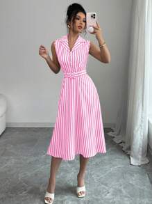 Elenzga Vestido midi sin mangas de rayas para mujer, para el verano