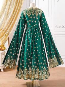 SHEIN Gaun Lengan Panjang Berpotongan V untuk Remaja Perempuan, Cocok untuk Liburan - Dark Green - View 2
