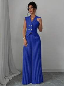 Elenzga Women's Elegant Solid Color Double Breasted Vest & Wide Leg Pleated Pants Suit Set - Royal Blue - View 1