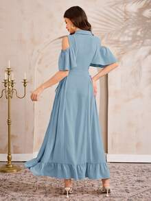 Al Najma Women's Elegant Arabic Splice Ribbon Exposed Shoulder Dress - Blue - View 3