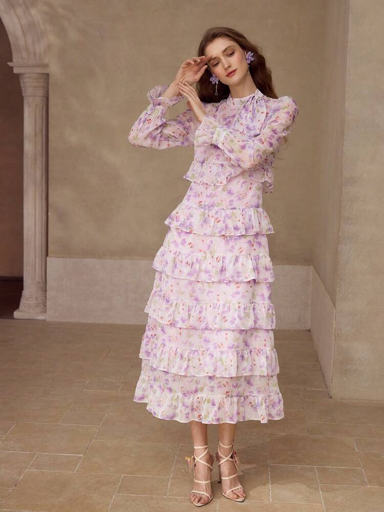 FLORAL PRINT TIERED LAYER DRESS