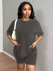 SHEIN SXY Vintage Distressed Snowflake Print Casual Two Pieces Set, Loose T-Shirt & Slim Fit Cycling Pants Fall Clothes Women - Grey - View 3