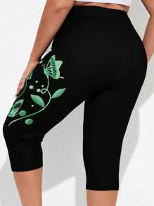 SHEIN 大码高腰无缝蝴蝶印花打底裤