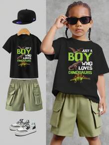 Young Boy Letter & Dinosaur Print Short Sleeve T-Shirt And Cargo Pocket Set - Black - View 3