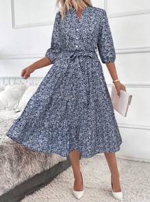 SHEIN Clasi 女式长立领碎花连衣裙 长款女装 - 藍白色 - 查看 5