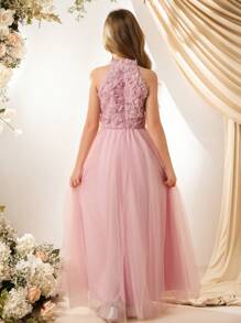 Vestido de niña de las flores, corte A y longitud midi, con aplicaciones florales y tul de malla, adecuado para boda, fiesta de cumpleaños, ceremonia