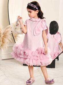 SHEIN Đầm chữ A thêu họa tiết bướm, Đầm bánh kem, Công chúa lộng lẫy, Trang phục trang trọng, Trang phục anh chị em, Trang phục dự tiệc, Trang phục chị em sinh nhật, Thích hợp cho bé gái mặc hàng ngày, Lễ hội - Hồng - Xem 2