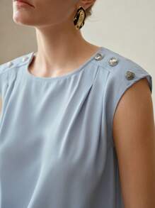 MOTF PREMIUM SOLID BUTTON SHOULDER FOLD PLEATED BLOUSE - Blue - View 3