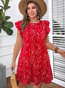 SHEIN VCAY Plus Size Women Abstract Face Print Cap Sleeve Casual Vacation Dress Plus Size Christmas Red - Red - View 3