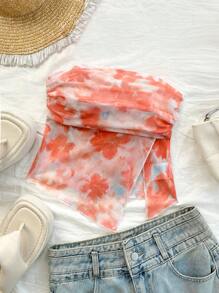 INAWLY Women's Floral Printed Ruffle Halter Top, Fashionable Vacation Wear - Coral Orange - View 1