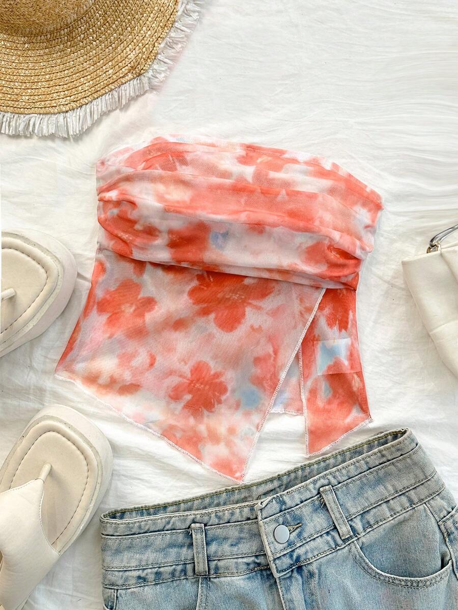 INAWLY Women's Floral Printed Ruffle Halter Top, Fashionable Vacation Wear - Coral Orange - View 1