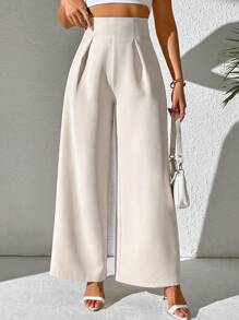 SHEIN Tall Women's Solid Color High Waist Pleated Wide Leg Casual Pants