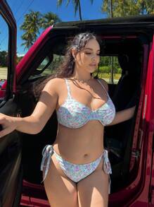 Slaysola Conjunto de 2 piezas de talla grande para mujer de verano, estilo playa, con una variedad de patrones impresos y detalle de lazos en el bikini