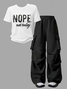 SHEIN ChillGRL 2 件套青少年女孩字母印花圆领 T 恤 + 工装裤，休闲街头风格 - 黑色 - 查看 5