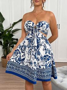 SHEIN Tall CURVE Große Größen-Minikleid im Boho-Stil mit Neckholder und Rückenausschnitt mit Muster