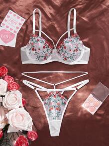 SHEIN 2 peças Conjunto de Lingerie Romântico e Pastoril Bordado Feminino