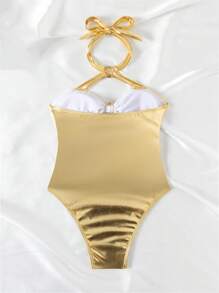 Swim EVENT Women's Sexy Hollow-Out Metallic Shell Accessory One-Piece Swimsuit, Backless Metal Color One Piece Swimsuit