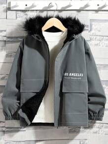 SHEIN 宽松版型字母印花连帽保暖内衬编织夹克，适合运动造型 - 灰色 - 查看 7