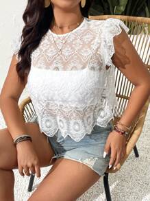 SHEIN Frenchy Plus Size Lace Solid Color Shirt, Simple And Fashionable, Suitable For Summer - White - View 1