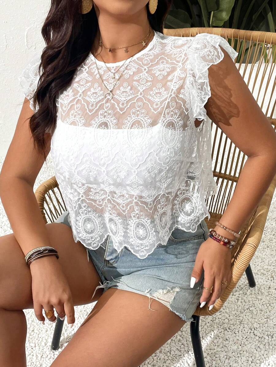 SHEIN Frenchy Plus Size Lace Solid Color Shirt, Simple And Fashionable, Suitable For Summer - White - View 1