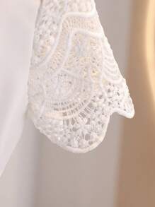 Elegant Fashion Tween Girls' V-Neck Short Sleeve Hollow Embroidered Floral Trim Waisted Mid-Length Dress With Matching Belt, Suitable For Wedding Flower Girl - Blue - View 5