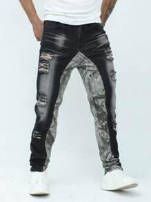 Manfinity Roughcore Jeans pitillo de mezclilla con estampado de camuflaje, parches y rotos para hombre - Negro - Ver 5