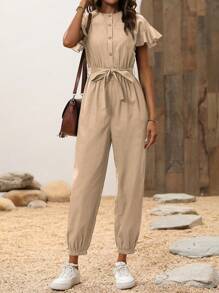 Breezaya Women's Solid Color Ruffle Short Sleeve Single-Breasted Shirt Jumpsuit