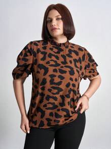 SHEIN Clasi 大碼豹紋印花小高領泡泡袖襯衫 - 彩色 - 查看 3