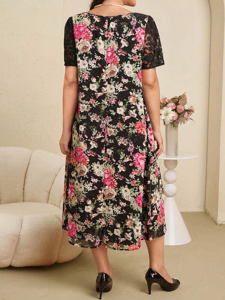 Plus Size Elegant Floral Print Lace Panel Summer Dress