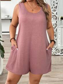 SHEIN LUNE 大码女式纯色圆领休闲连体裤，带口袋 - 藕粉色 - 查看 1