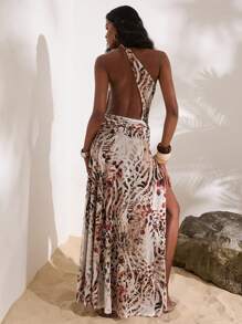 Opulessa Knitted Mesh Printed Ruffles Cutout Asymmetric Slim Fit Dress For Women - Brown - View 3