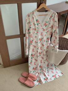 DAZY 春季浪漫花卉印花蕾丝花边松紧腰荷叶边袖睡袍睡衣