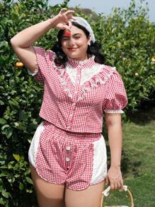 SHEIN MOD Red&White Plaid Patchwork Hollow Out Embroidery Elastic Waist Decorative Button Plus Size Shorts,1950s Vintage Summer Picnic Holiday Beach For Women - Red and White - View 5
