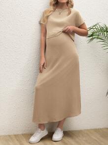 SHEIN 2 件套纯色短袖上衣和高腰长裙孕妇时尚装 - 杏色 - 查看 6