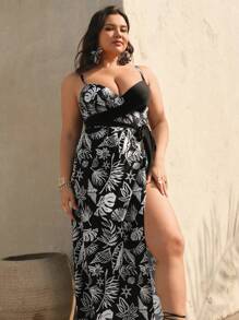 Swim Oasis Plus Size Women's 2pcs Swimsuit Set - Random Print Splice Black Strap Maxi Skirt One-Piece Swimwear For Summer Beach Vacation