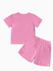 Babymeisjes "Miss Steal Your Snacks" Letter Print Ronde Hals Korte Mouw T-shirt En Shorts Casual Roze Outfit