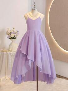 Flower Girl Elegant Chiffon Asymmetrical Ruffle Hem Slip Dress, High Low Design, Suitable For Wedding, Party, Birthday Events, Girls' - Mauve Purple - View 3