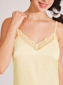 LUVLETTE Yellow Silky Satin Luxurious Lace Trim V-Neck Strappy Camisole Bridal Loungewear Airy Slip Dress Nightdress Lingerie As Outerwear Babydoll