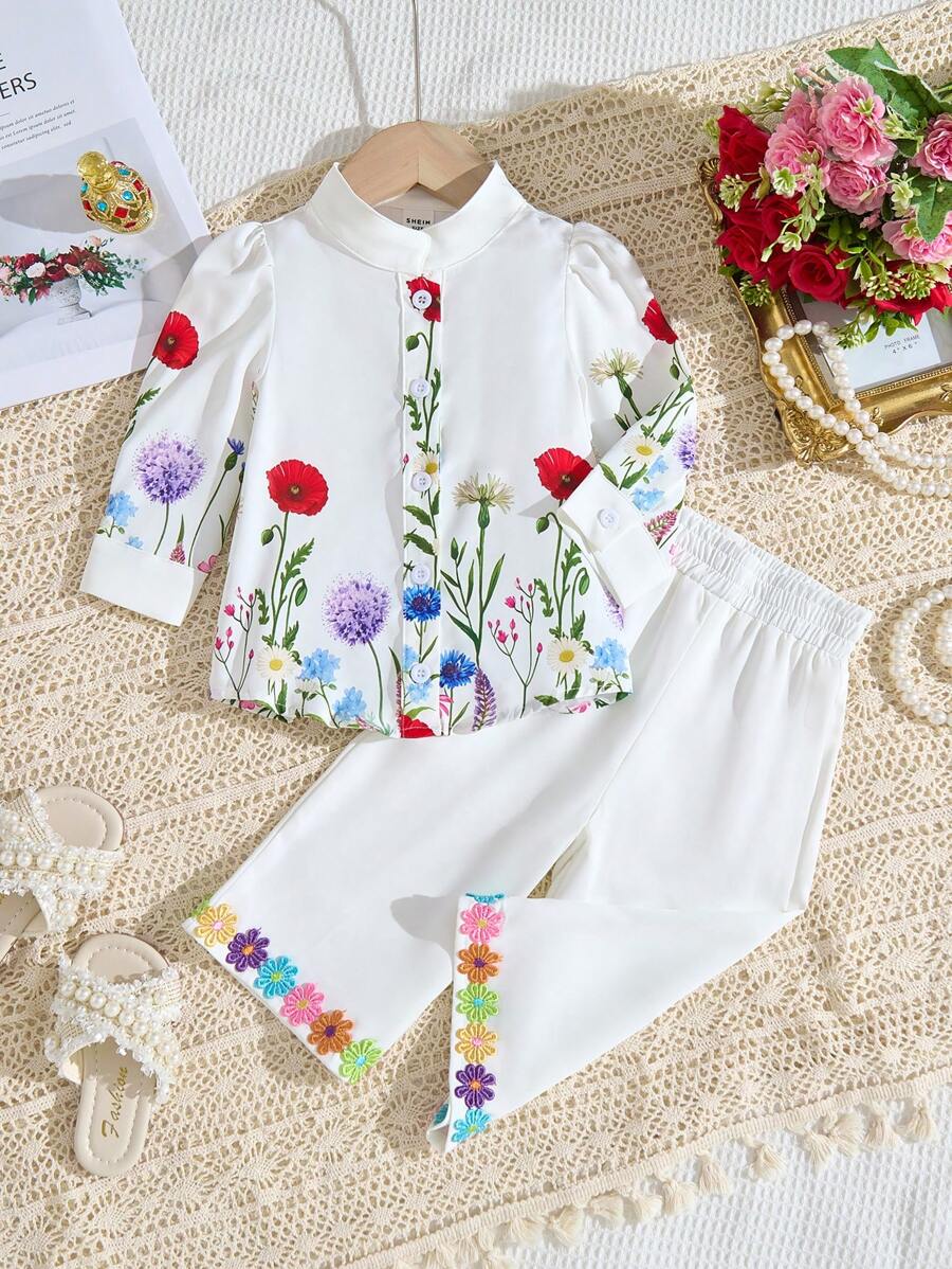 2 件套婴儿/女婴花卉印花长袖衬衫和宽松裤子套装,米色 - 米色 - 查看 1